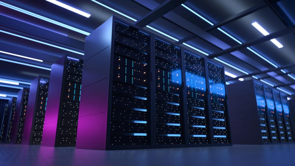 Working Data Center Full of Rack Servers and Supercomputers, Modern Telecommunications, Artificial Intelligence, Supercomputer Technology Concept.3d rendering,conceptual image.