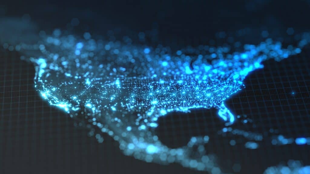 dark earth map with glowing details of city and human population density areas. wiew of america. suitable for technology, future and science themes. 3d illustration